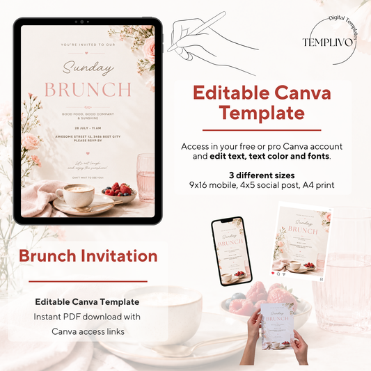 Brunch Invitation, brunch invitation canva template, elegant brunch invite, berries brunch invitation, champagne birthday invite, bridal shower invitation, baby shower invite canva, ladies brunch party invite, editable brunch template, digital brunch invitation, printable brunch invite, hen party invitation, birthday brunch invite, instant download invite, soft pink party invitation, canva party template, Brunch Einladung, editable printable invitation