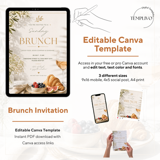 Brunch Invitation, brunch invitation canva template, elegant brunch invite, croissant brunch invitation, champagne birthday invite, bridal shower invitation, baby shower invite canva, ladies brunch party invite, editable brunch template, digital brunch invitation, printable brunch invite, hen party invitation, birthday brunch invite, instant download invite, soft beige party invitation, canva party template, Brunch Einladung, editable printable invitation
