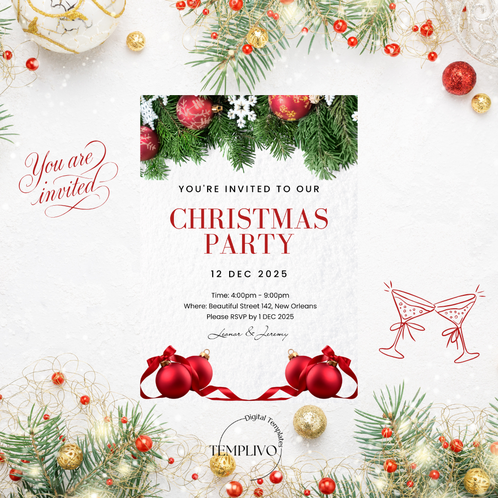 Christmas Party Invitation, Canva template, editable template, printable invitation, digital invitation, electronic invite, Weihnachtsfeier Einladung, Canva Vorlage, christmas invitation, xmas party invite