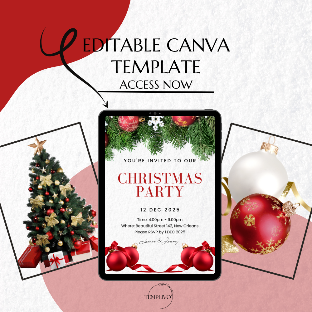 Christmas Party Invitation, Canva template, editable template, printable invitation, digital invitation, electronic invite, Weihnachtsfeier Einladung, Canva Vorlage, christmas invitation, xmas party invite