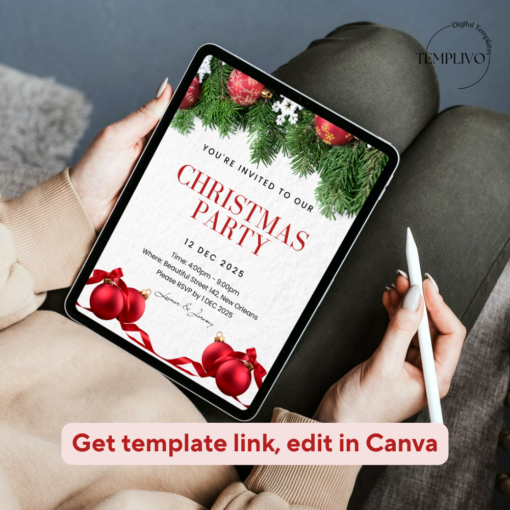 Christmas Party Invitation, Canva template, editable template, printable invitation, digital invitation, electronic invite, Weihnachtsfeier Einladung, Canva Vorlage, christmas invitation, xmas party invite