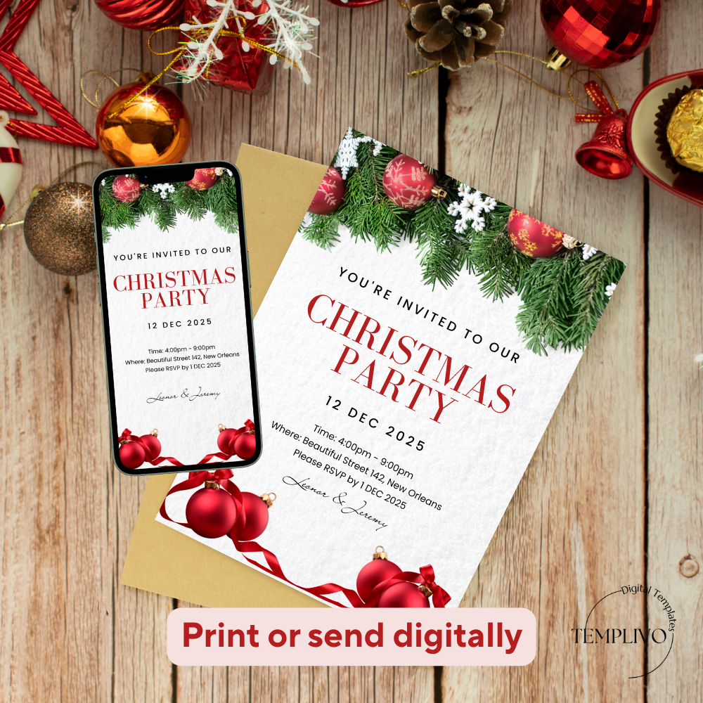 Christmas Party Invitation, Canva template, editable template, printable invitation, digital invitation, electronic invite, Weihnachtsfeier Einladung, Canva Vorlage, christmas invitation, xmas party invite