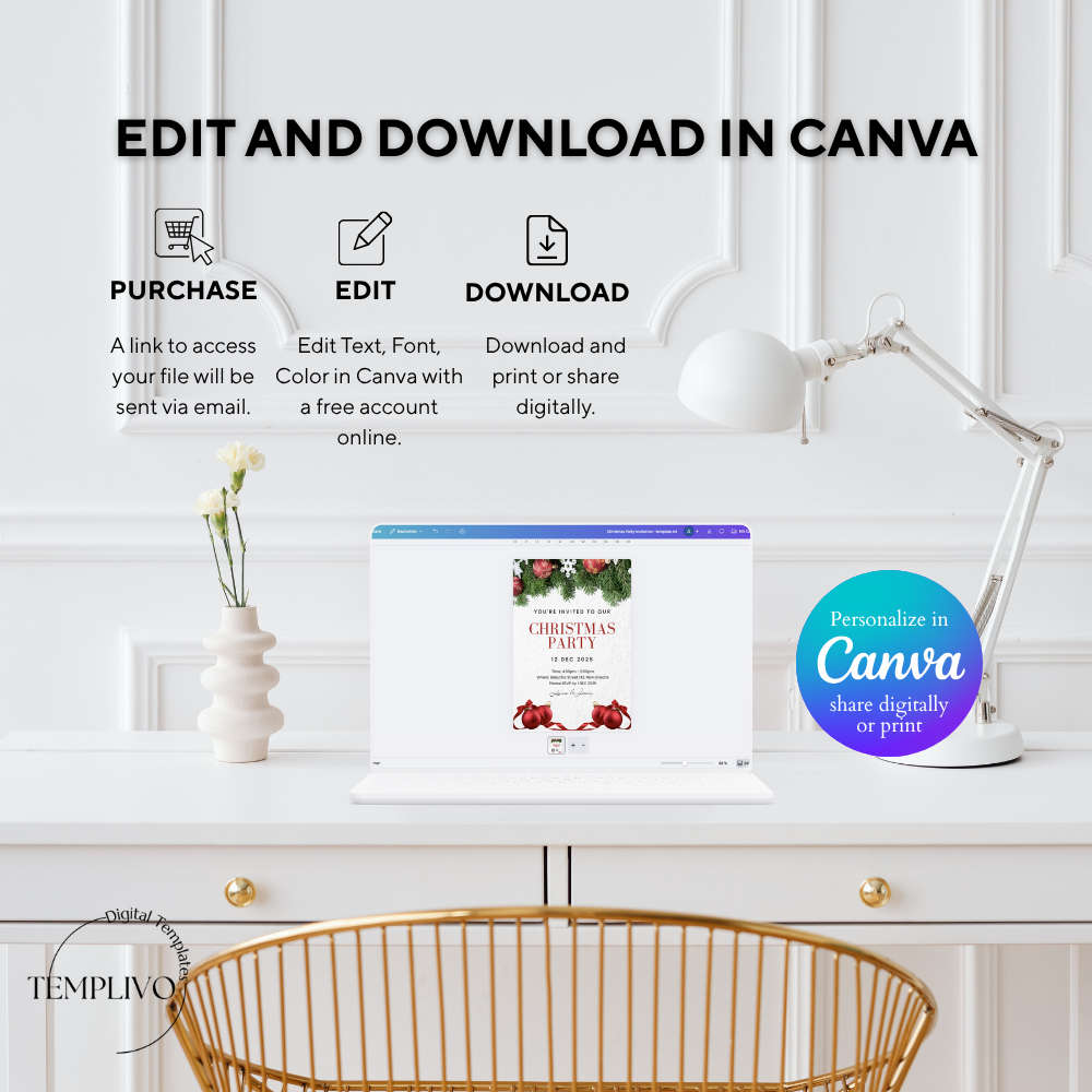 Christmas Party Invitation, Canva template, editable template, printable invitation, digital invitation, electronic invite, Weihnachtsfeier Einladung, Canva Vorlage, christmas invitation, xmas party invite