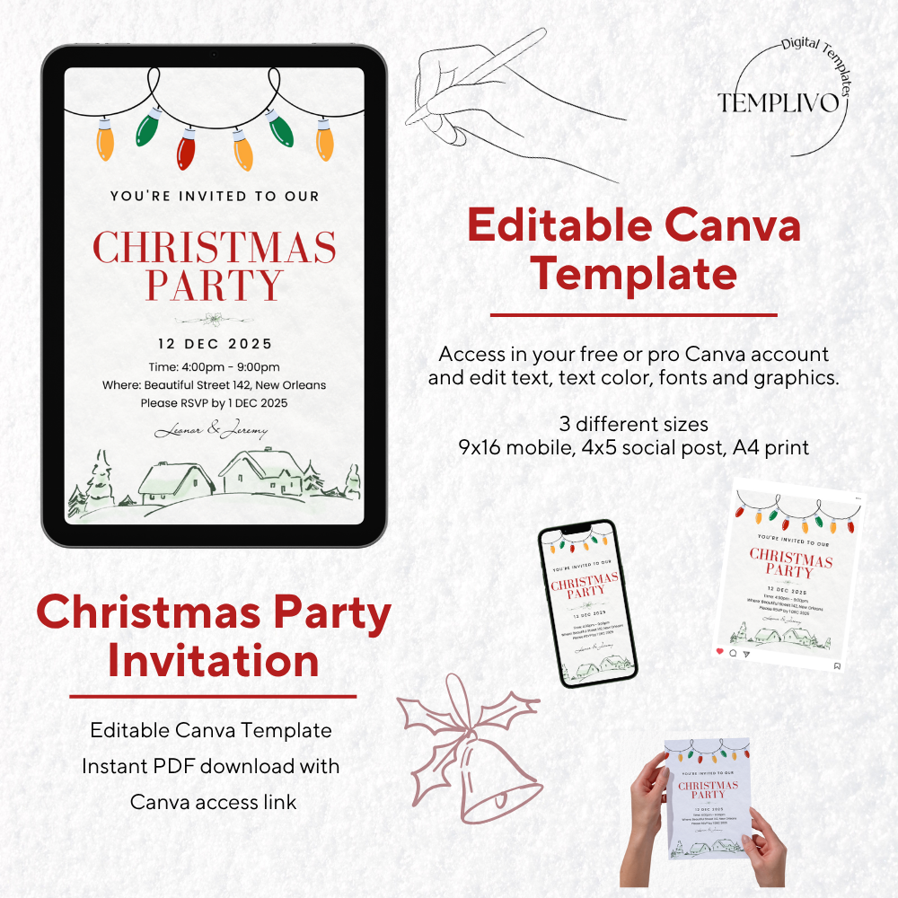 Christmas Party Invitation, Canva Template, editable invitation, digital christmas invitation, christmas party envite, weihnachts party einladung, canva vorlage, printable pdf invitation, digital invite