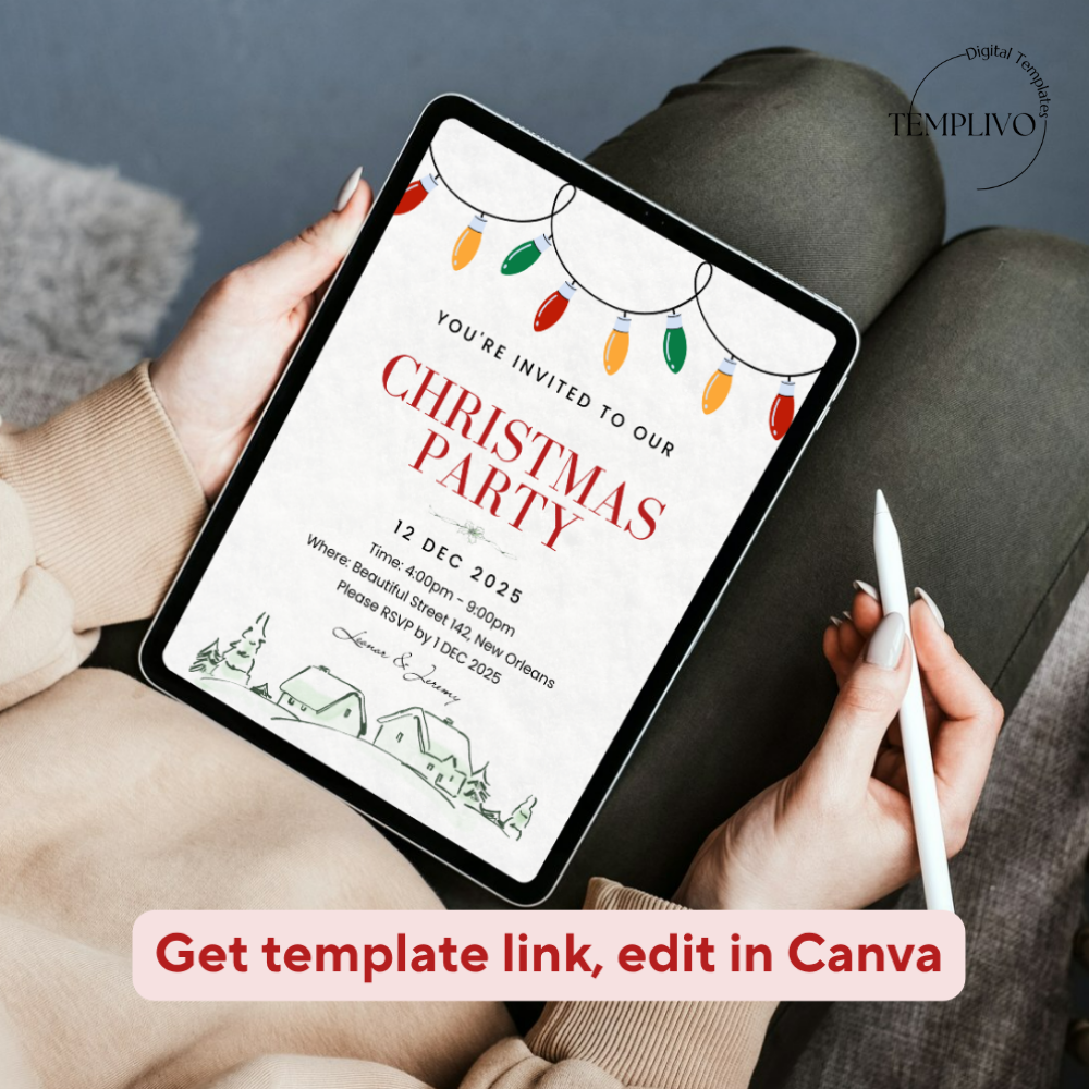 Christmas Party Invitation, Canva Template, editable invitation, digital christmas invitation, christmas party envite, weihnachts party einladung, canva vorlage, printable pdf invitation, digital invite