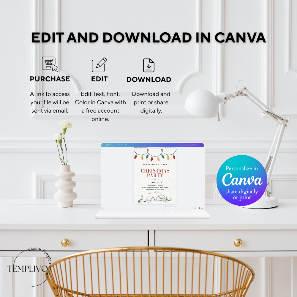 Christmas Party Invitation, Canva Template, editable invitation, digital christmas invitation, christmas party envite, weihnachts party einladung, canva vorlage, printable pdf invitation, digital invite