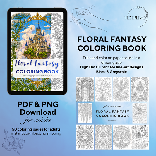 Floral Fantasy coloring book, adult coloring pages, coloring book, flower theme, fantasy colouring, adult coloring book, Malbuch, Malseiten, Blumen, garten, intricate, line-art, high detail black and greyscale, pdf, png, printable coloring sheets, digital coloring, livres coloriage adulte, doodle coloring, ausmalbilder erwachsene, digital download, Instant download, Coloring Pages for adults, floral coloring pages