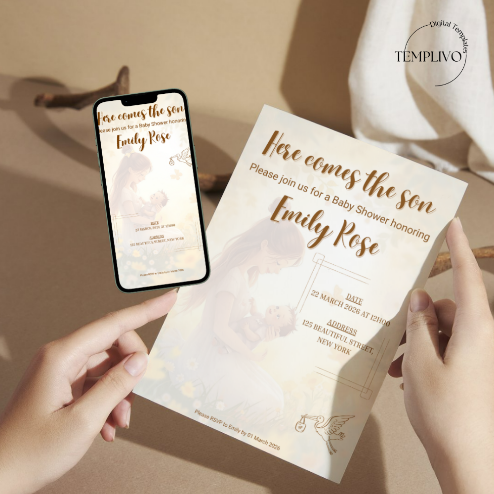 Here comes the son, baby shower invitation, canva template, editable template, digital invitation, printable invitation, Einladung, Babyparty, Invitation, e invite