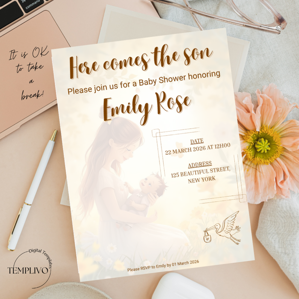 Here comes the son, baby shower invitation, canva template, editable template, digital invitation, printable invitation, Einladung, Babyparty, Invitation, e invite