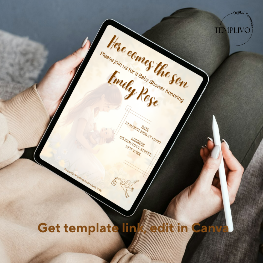 Here comes the son, baby shower invitation, canva template, editable template, digital invitation, printable invitation, Einladung, Babyparty, Invitation, e invite