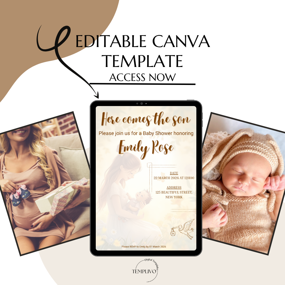 Here comes the son, baby shower invitation, canva template, editable template, digital invitation, printable invitation, Einladung, Babyparty, Invitation, e invite