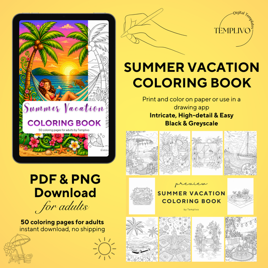 Adult coloring book, summer vacation coloring book, summer, coloriage png, floral coloring pages, adult coloring pages, doodle colouring book, vacation colouring pages png, adult coloring pages printable, adult coloring, coloring pages for adults, coloring page digital, Instant download, Intricate, High detail, Line art, best seller, grey scale, summer vacation, Malbuch, Malseiten