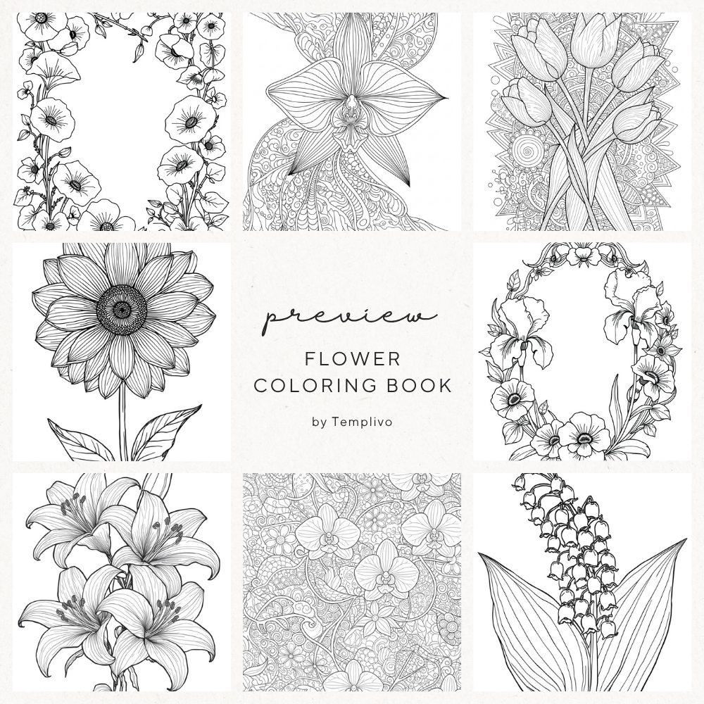 Flower Coloring Book, digital coloring book, printable coloring pages, flower coloring, Malbuch, Blumen malen, ausmalen, Blumen ausmalen, relaxing coloring