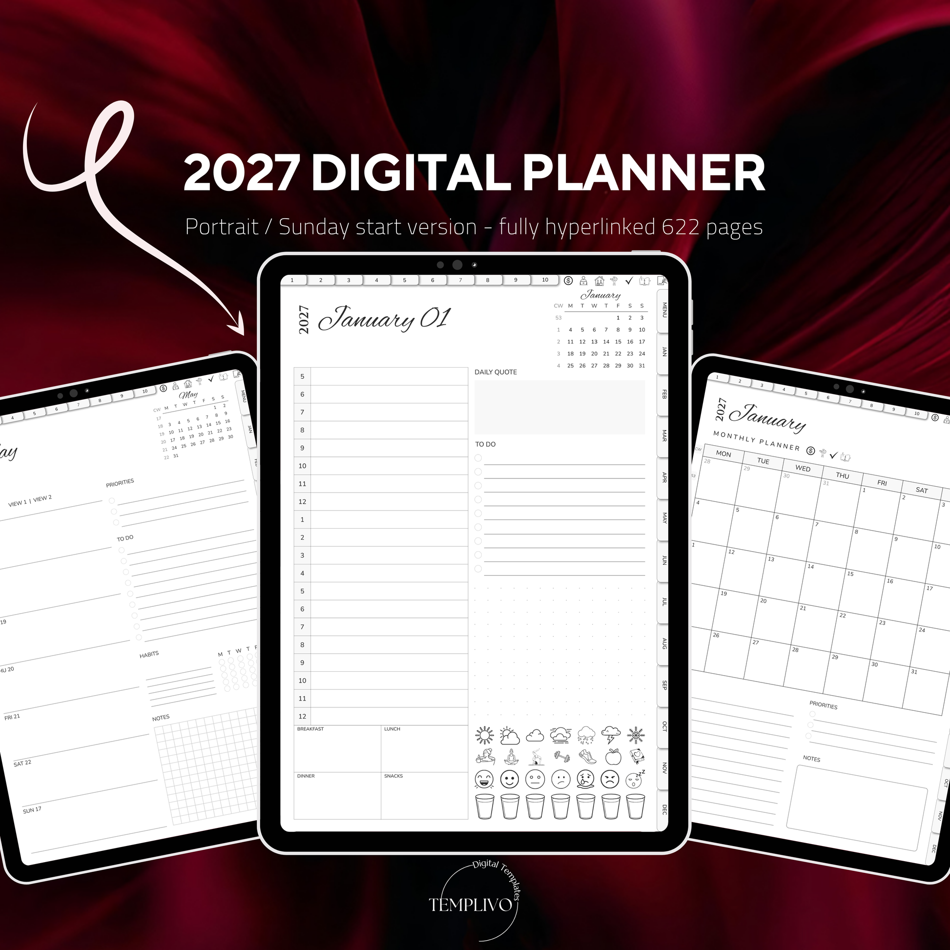 Digital Planner 2027, Digitaler Planer, 2027 Digital Planner, portrait orientation, Sunday start planner, printable planner, Digital planner 2027, Digital calendar 2027 Sunday Start, journal for samsung notes, goodnotes and ipad, daily, weekly and monthly pages with lifestyle templates, daily, weekly planner, monthly planner, digital planner, goodnotes planner, digital journal, notebook, adhd planner, hyperlinked, digital download, 2027 calendar, digitaler planer, digitale agenda, numerique