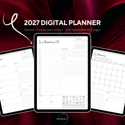 Digital Planner 2027, Digitaler Planer, 2027 Digital Planner, portrait orientation, Sunday start planner, printable planner, Digital planner 2027, Digital calendar 2027 Sunday Start, journal for samsung notes, goodnotes and ipad, daily, weekly and monthly pages with lifestyle templates, daily, weekly planner, monthly planner, digital planner, goodnotes planner, digital journal, notebook, adhd planner, hyperlinked, digital download, 2027 calendar, digitaler planer, digitale agenda, numerique