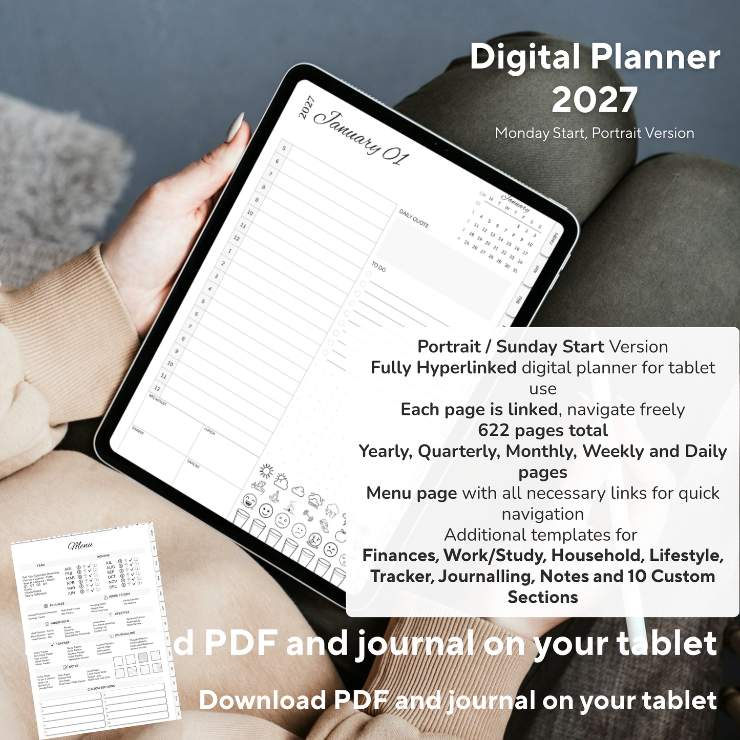Digital Planner 2027, Digitaler Planer, 2027 Digital Planner, portrait orientation, Sunday start planner, printable planner, Digital planner 2027, Digital calendar 2027 Sunday Start, journal for samsung notes, goodnotes and ipad, daily, weekly and monthly pages with lifestyle templates, daily, weekly planner, monthly planner, digital planner, goodnotes planner, digital journal, notebook, adhd planner, hyperlinked, digital download, 2027 calendar, digitaler planer, digitale agenda, numerique