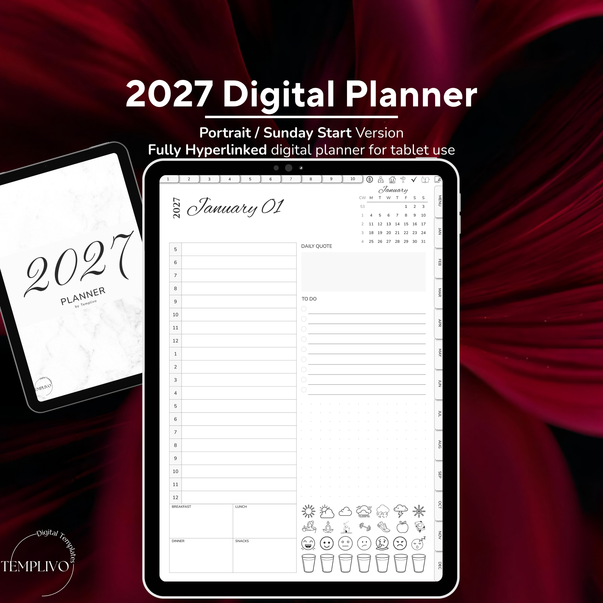 Digital Planner 2027, Digitaler Planer, 2027 Digital Planner, portrait orientation, Sunday start planner, printable planner, Digital planner 2027, Digital calendar 2027 Sunday Start, journal for samsung notes, goodnotes and ipad, daily, weekly and monthly pages with lifestyle templates, daily, weekly planner, monthly planner, digital planner, goodnotes planner, digital journal, notebook, adhd planner, hyperlinked, digital download, 2027 calendar, digitaler planer, digitale agenda, numerique