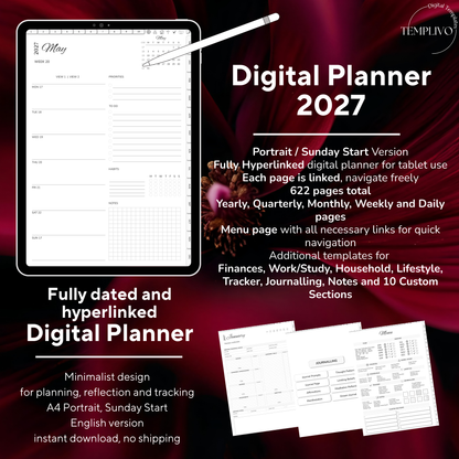 Digital Planner 2027, Digitaler Planer, 2027 Digital Planner, portrait orientation, Sunday start planner, printable planner, Digital planner 2027, Digital calendar 2027 Sunday Start, journal for samsung notes, goodnotes and ipad, daily, weekly and monthly pages with lifestyle templates, daily, weekly planner, monthly planner, digital planner, goodnotes planner, digital journal, notebook, adhd planner, hyperlinked, digital download, 2027 calendar, digitaler planer, digitale agenda, numerique