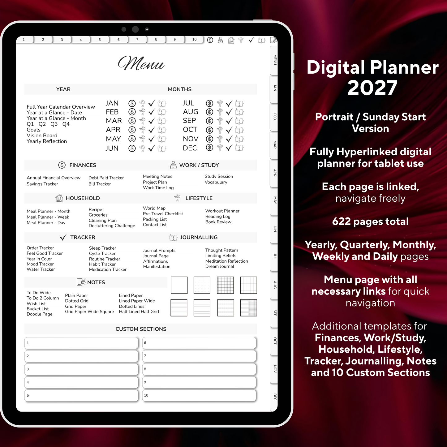 Digital Planner 2027, Digitaler Planer, 2027 Digital Planner, portrait orientation, Sunday start planner, printable planner, Digital planner 2027, Digital calendar 2027 Sunday Start, journal for samsung notes, goodnotes and ipad, daily, weekly and monthly pages with lifestyle templates, daily, weekly planner, monthly planner, digital planner, goodnotes planner, digital journal, notebook, adhd planner, hyperlinked, digital download, 2027 calendar, digitaler planer, digitale agenda, numerique
