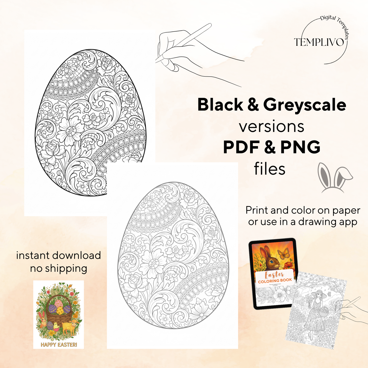 Easter coloring book, adult coloring sheets, coloring book, spring theme, easter colouring, adult coloring book, Malbuch, Malseiten, Ostern, Oster Malbuch, intricate, lilne-art, high detail black and greyscale, pdf, png, printable coloring sheets, digital coloring