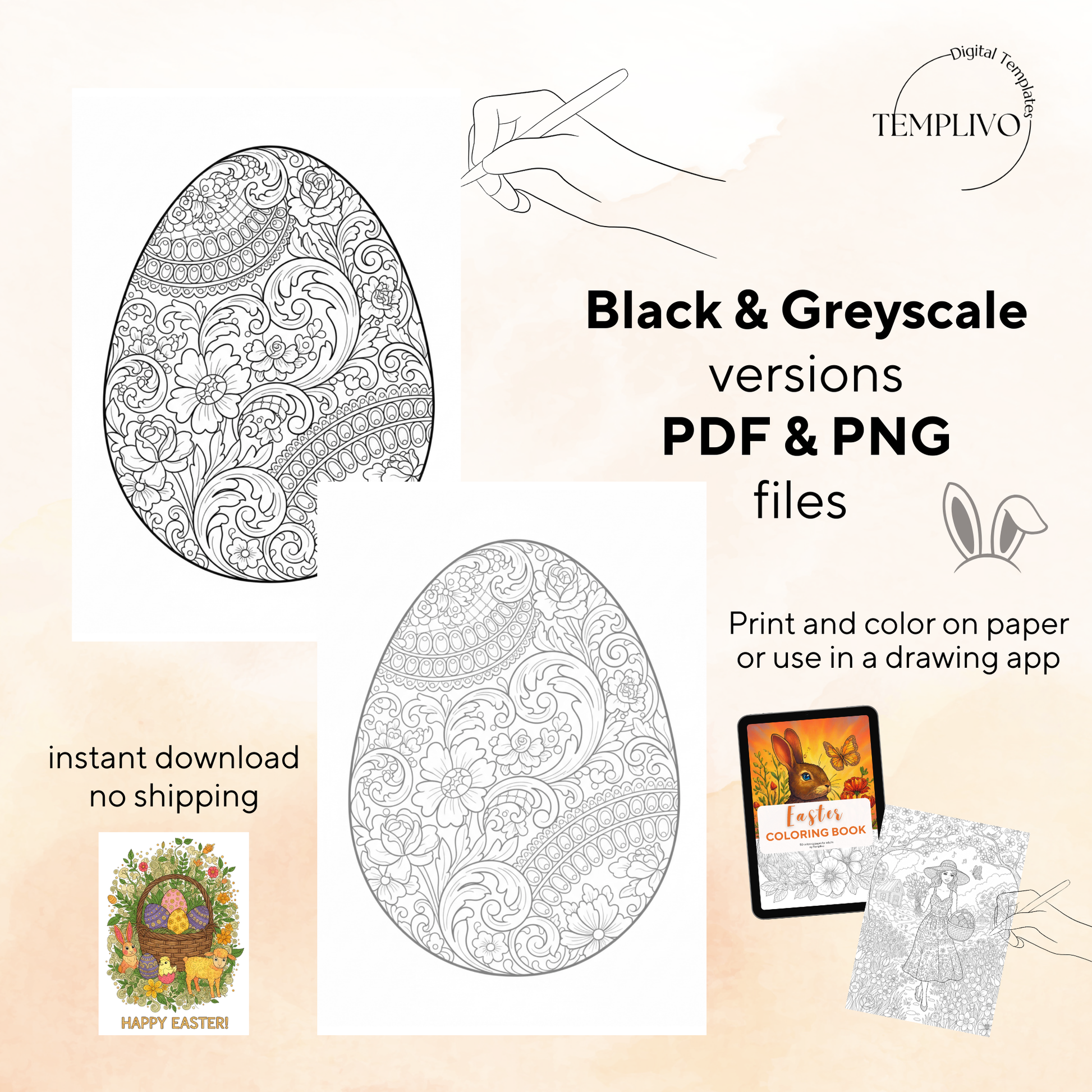 Easter coloring book, adult coloring sheets, coloring book, spring theme, easter colouring, adult coloring book, Malbuch, Malseiten, Ostern, Oster Malbuch, intricate, lilne-art, high detail black and greyscale, pdf, png, printable coloring sheets, digital coloring