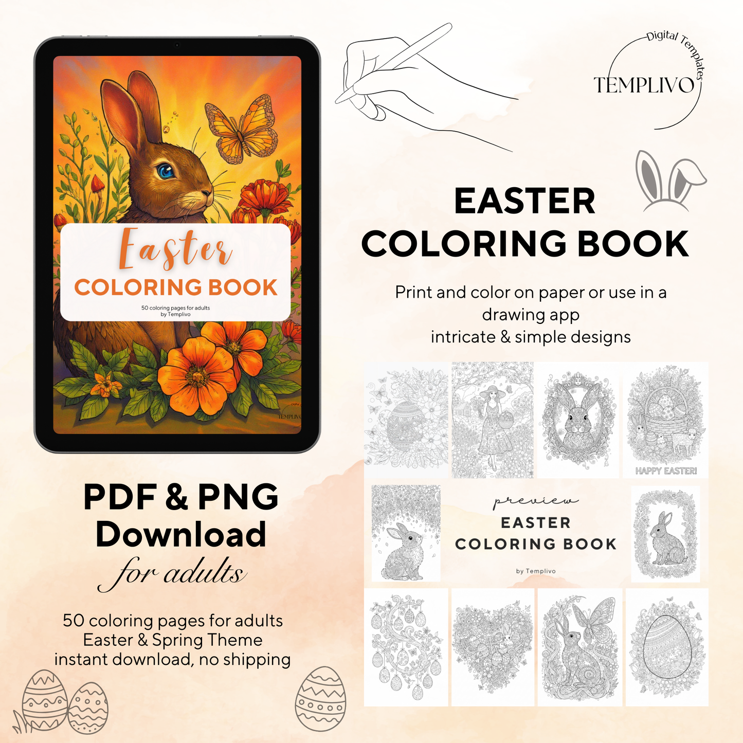 Easter coloring book, adult coloring sheets, coloring book, spring theme, easter colouring, adult coloring book, Malbuch, Malseiten, Ostern, Oster Malbuch, intricate, lilne-art, high detail black and greyscale, pdf, png, printable coloring sheets, digital coloring