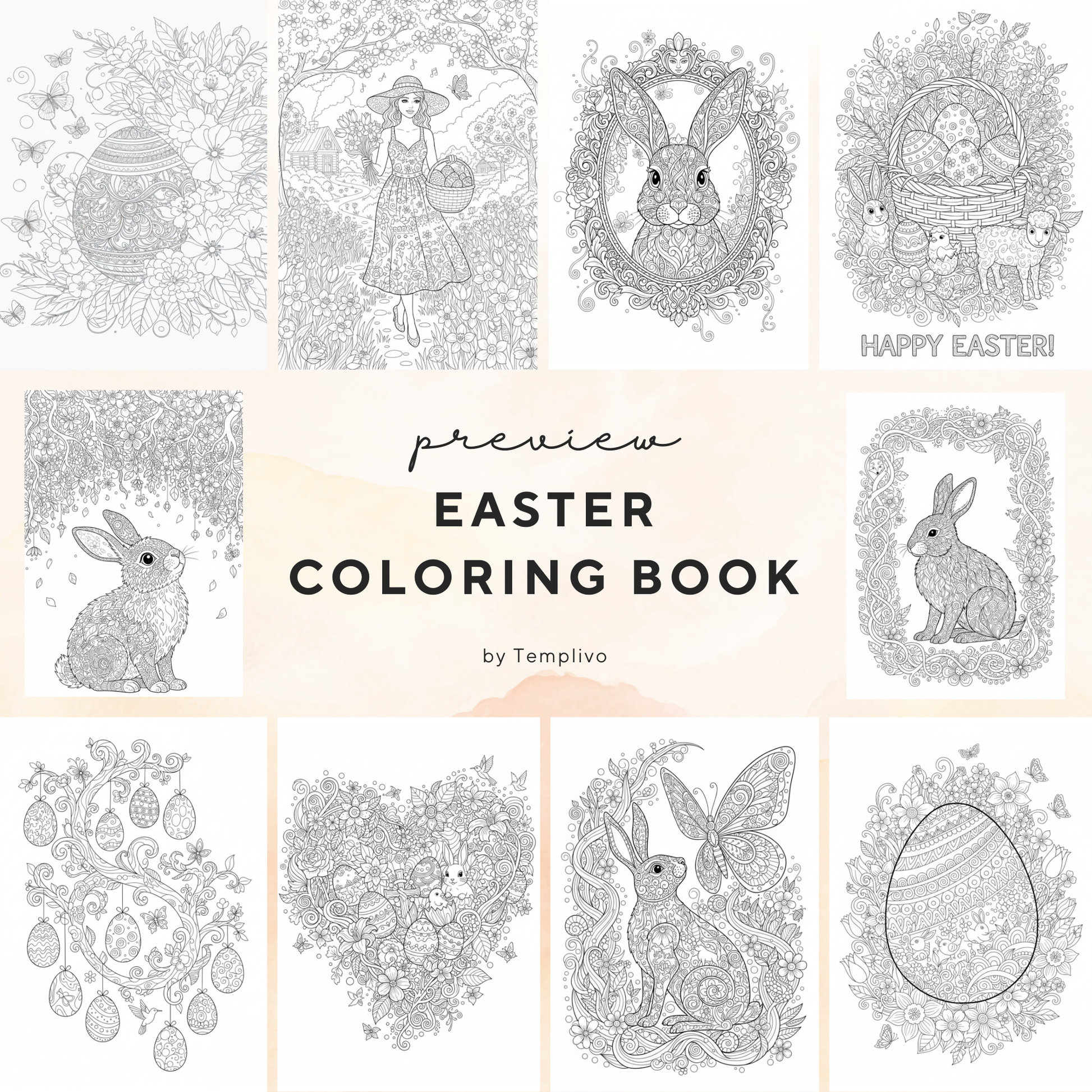 Easter coloring book, adult coloring sheets, coloring book, spring theme, easter colouring, adult coloring book, Malbuch, Malseiten, Ostern, Oster Malbuch, intricate, lilne-art, high detail black and greyscale, pdf, png, printable coloring sheets, digital coloring