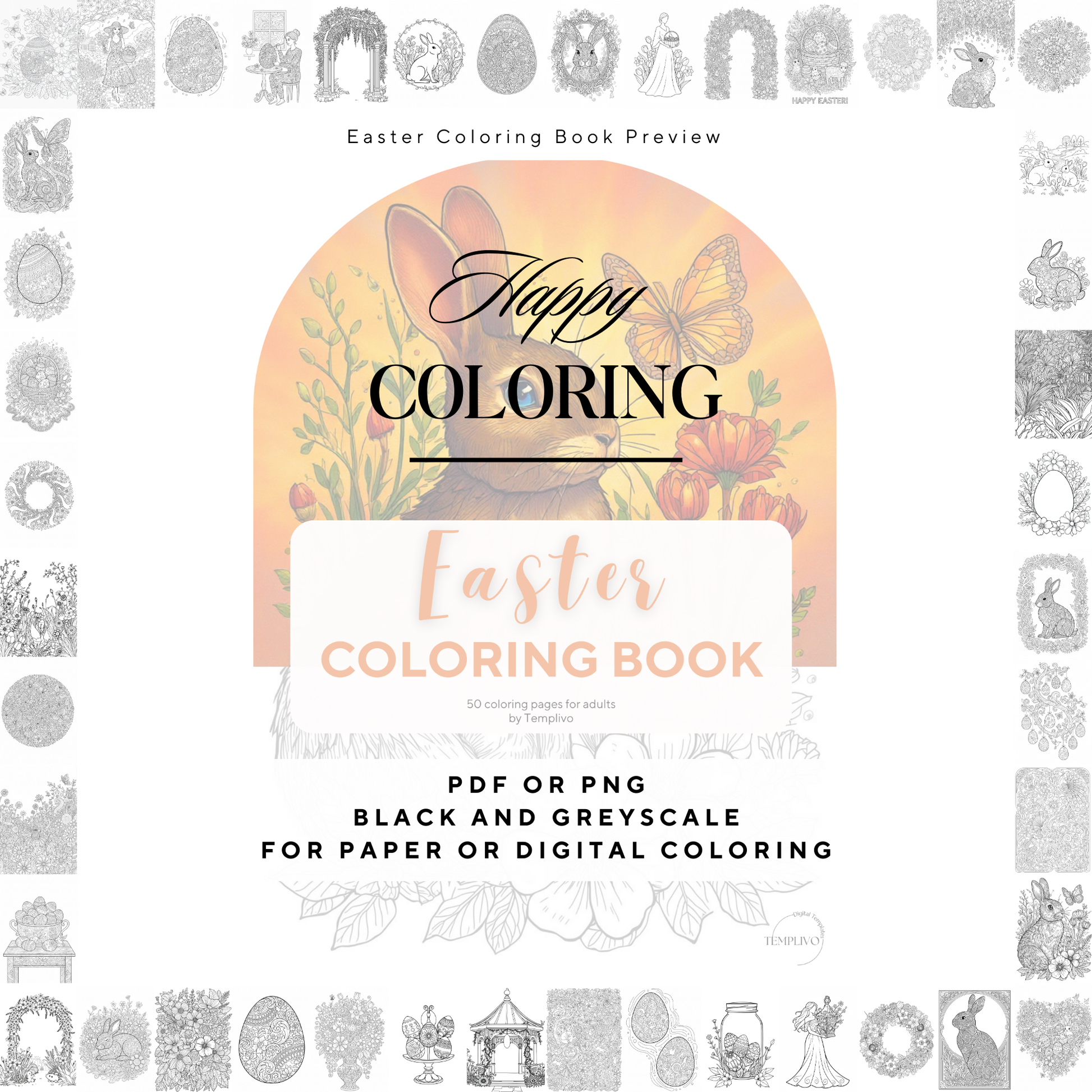 Easter coloring book, adult coloring sheets, coloring book, spring theme, easter colouring, adult coloring book, Malbuch, Malseiten, Ostern, Oster Malbuch, intricate, lilne-art, high detail black and greyscale, pdf, png, printable coloring sheets, digital coloring