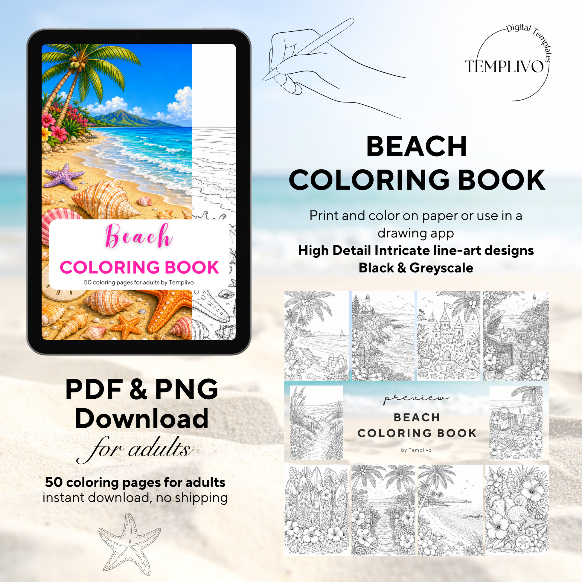 Adult coloring book, beach coloring book, seaside, livre de coloriage, pdf, png, beach coloring pages, adult coloring pages, doodle colouring book, blue sea colouring pages png, adult coloring pages printable, adult coloring, coloring pages for adults, coloring page digital, Instant download, high detail and intricate, Line art, best seller, grey scale, Strand Malvorlagen, Malbuch, Malseiten, Meer