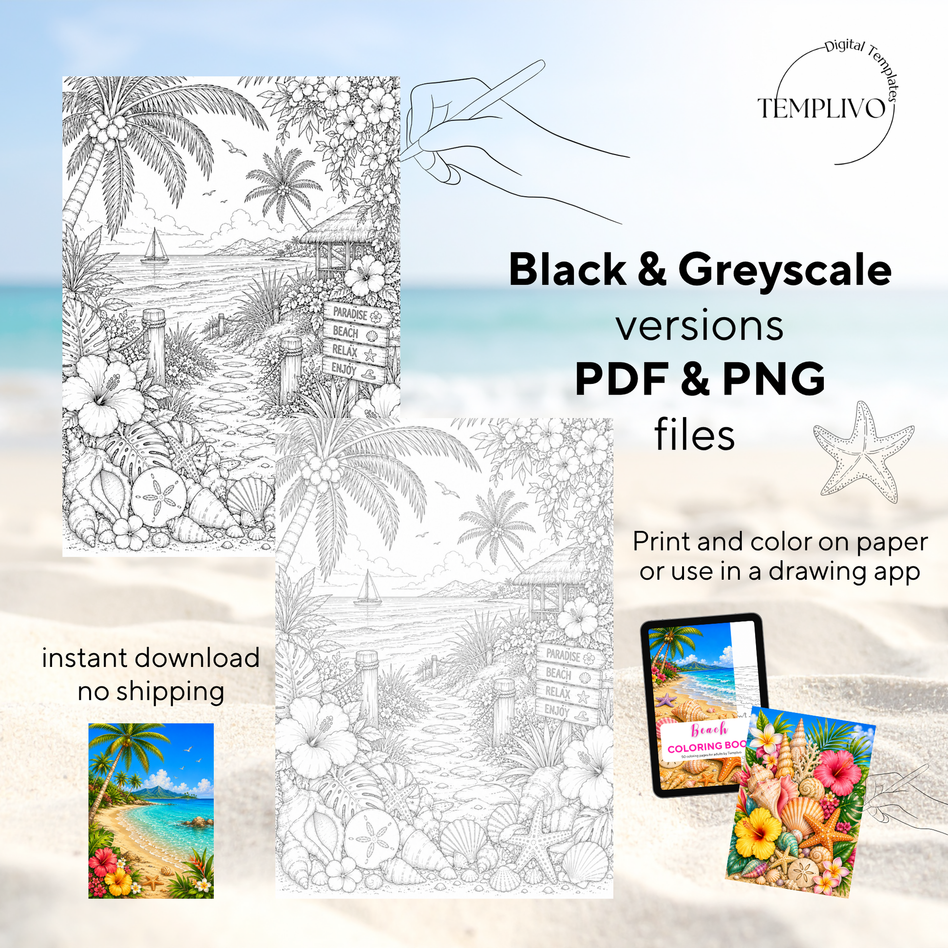 Adult coloring book, beach coloring book, seaside, livre de coloriage, pdf, png, beach coloring pages, adult coloring pages, doodle colouring book, blue sea colouring pages png, adult coloring pages printable, adult coloring, coloring pages for adults, coloring page digital, Instant download, high detail and intricate, Line art, best seller, grey scale, Strand Malvorlagen, Malbuch, Malseiten, Meer