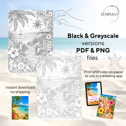 Adult coloring book, beach coloring book, seaside, livre de coloriage, pdf, png, beach coloring pages, adult coloring pages, doodle colouring book, blue sea colouring pages png, adult coloring pages printable, adult coloring, coloring pages for adults, coloring page digital, Instant download, high detail and intricate, Line art, best seller, grey scale, Strand Malvorlagen, Malbuch, Malseiten, Meer