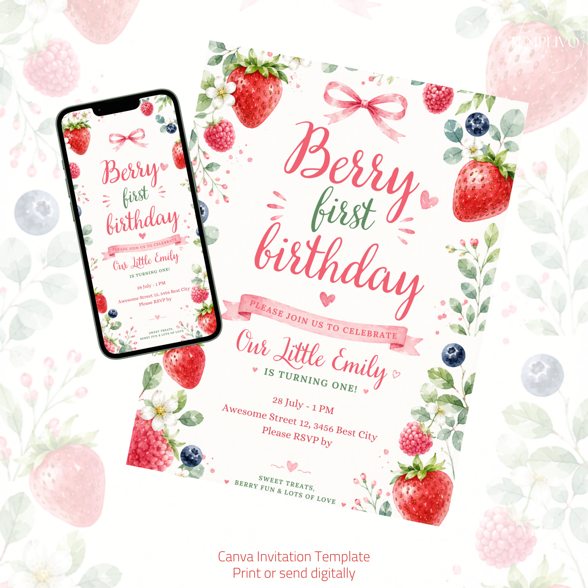 Berry First Birthday, Canva invitation, canva template, birthday girl evite, Berry Birthday Invite, First Birthday Invite, Strawberry Party, Editable Canva Template, Girl Birthday Template, Berry First Birthday, Party Invite Template, Strawberry Invite, Canva Birthday Design, Editable Party Invite, First Birthday Girl, Strawberry Theme Party, Canva First Birthday