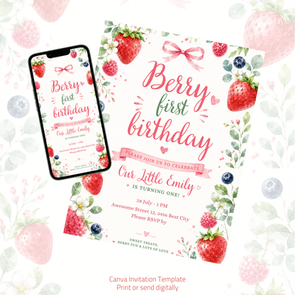 Berry First Birthday, Canva invitation, canva template, birthday girl evite, Berry Birthday Invite, First Birthday Invite, Strawberry Party, Editable Canva Template, Girl Birthday Template, Berry First Birthday, Party Invite Template, Strawberry Invite, Canva Birthday Design, Editable Party Invite, First Birthday Girl, Strawberry Theme Party, Canva First Birthday