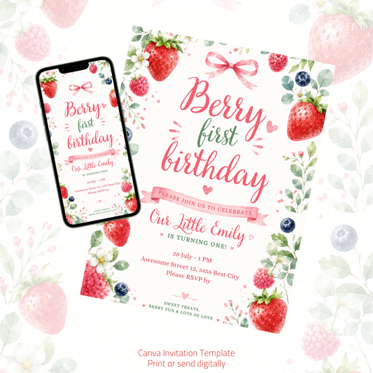 Berry First Birthday, Canva invitation, canva template, birthday girl evite, Berry Birthday Invite, First Birthday Invite, Strawberry Party, Editable Canva Template, Girl Birthday Template, Berry First Birthday, Party Invite Template, Strawberry Invite, Canva Birthday Design, Editable Party Invite, First Birthday Girl, Strawberry Theme Party, Canva First Birthday