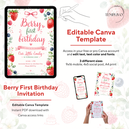 Berry First Birthday, Canva invitation, canva template, birthday girl evite, Berry Birthday Invite, First Birthday Invite, Strawberry Party, Editable Canva Template, Girl Birthday Template, Berry First Birthday, Party Invite Template, Strawberry Invite, Canva Birthday Design, Editable Party Invite, First Birthday Girl, Strawberry Theme Party, Canva First Birthday