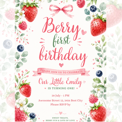 Berry First Birthday, Canva invitation, canva template, birthday girl evite, Berry Birthday Invite, First Birthday Invite, Strawberry Party, Editable Canva Template, Girl Birthday Template, Berry First Birthday, Party Invite Template, Strawberry Invite, Canva Birthday Design, Editable Party Invite, First Birthday Girl, Strawberry Theme Party, Canva First Birthday