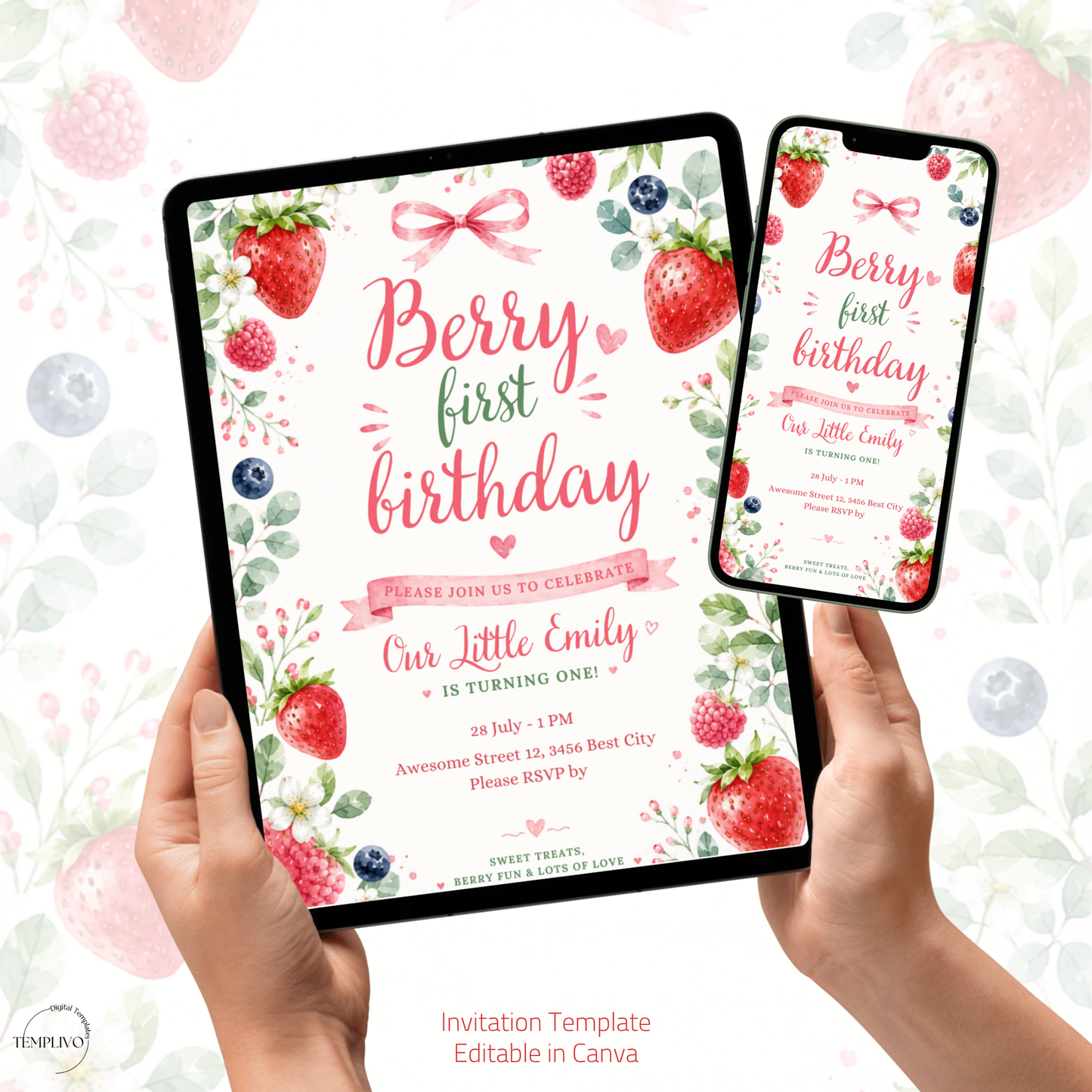 Berry First Birthday, Canva invitation, canva template, birthday girl evite, Berry Birthday Invite, First Birthday Invite, Strawberry Party, Editable Canva Template, Girl Birthday Template, Berry First Birthday, Party Invite Template, Strawberry Invite, Canva Birthday Design, Editable Party Invite, First Birthday Girl, Strawberry Theme Party, Canva First Birthday