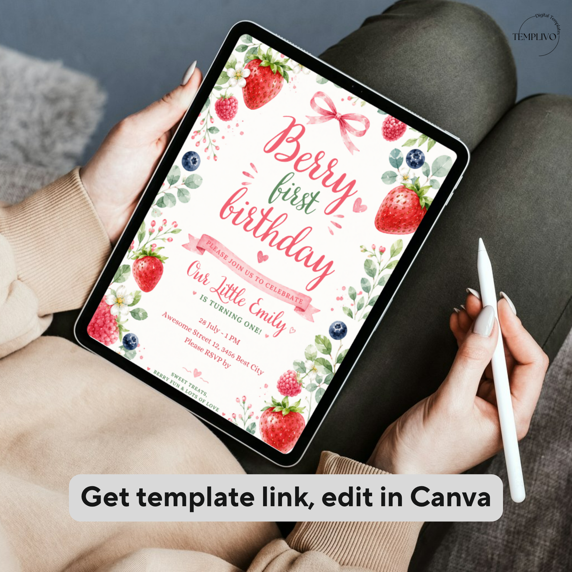 Berry First Birthday, Canva invitation, canva template, birthday girl evite, Berry Birthday Invite, First Birthday Invite, Strawberry Party, Editable Canva Template, Girl Birthday Template, Berry First Birthday, Party Invite Template, Strawberry Invite, Canva Birthday Design, Editable Party Invite, First Birthday Girl, Strawberry Theme Party, Canva First Birthday