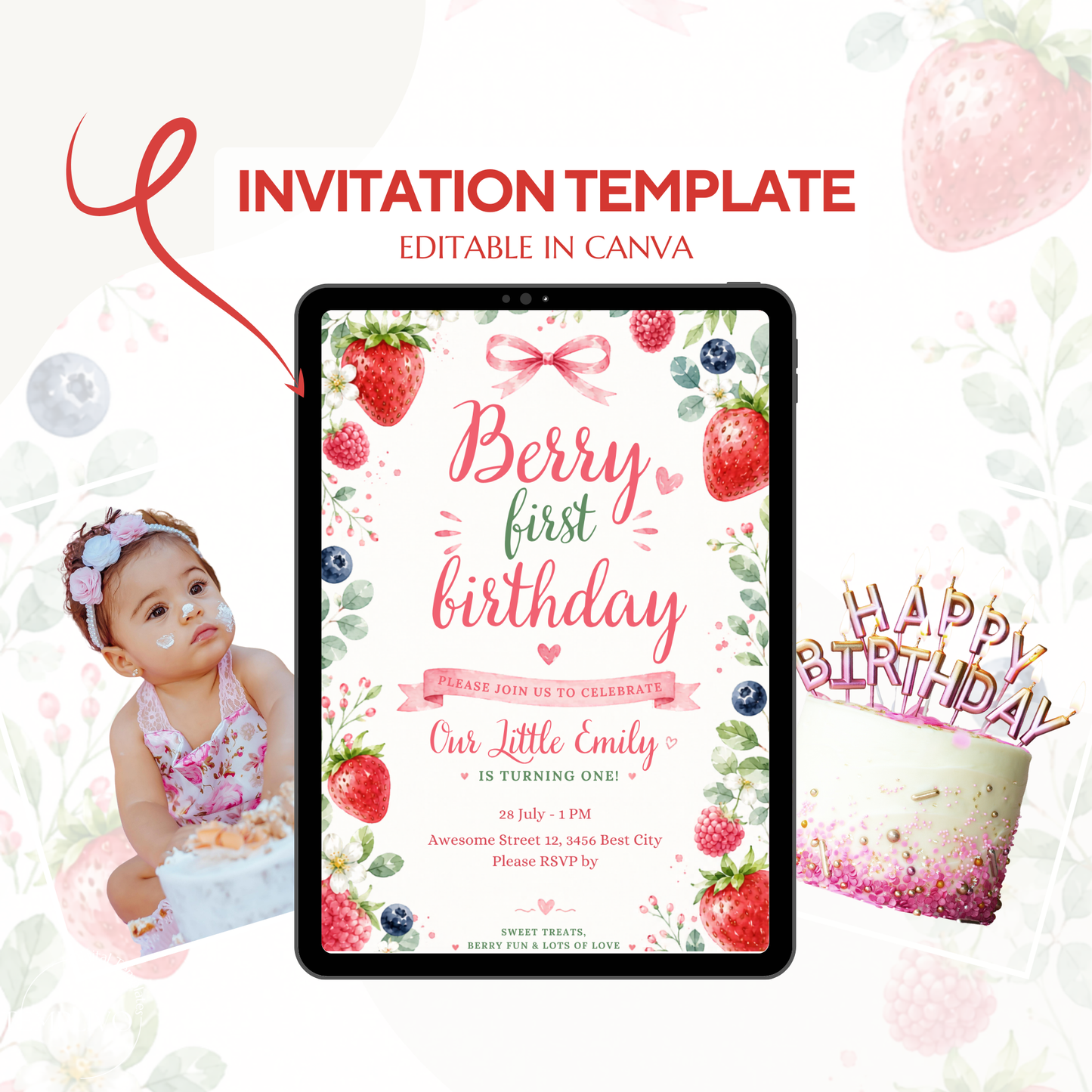 Berry First Birthday, Canva invitation, canva template, birthday girl evite, Berry Birthday Invite, First Birthday Invite, Strawberry Party, Editable Canva Template, Girl Birthday Template, Berry First Birthday, Party Invite Template, Strawberry Invite, Canva Birthday Design, Editable Party Invite, First Birthday Girl, Strawberry Theme Party, Canva First Birthday