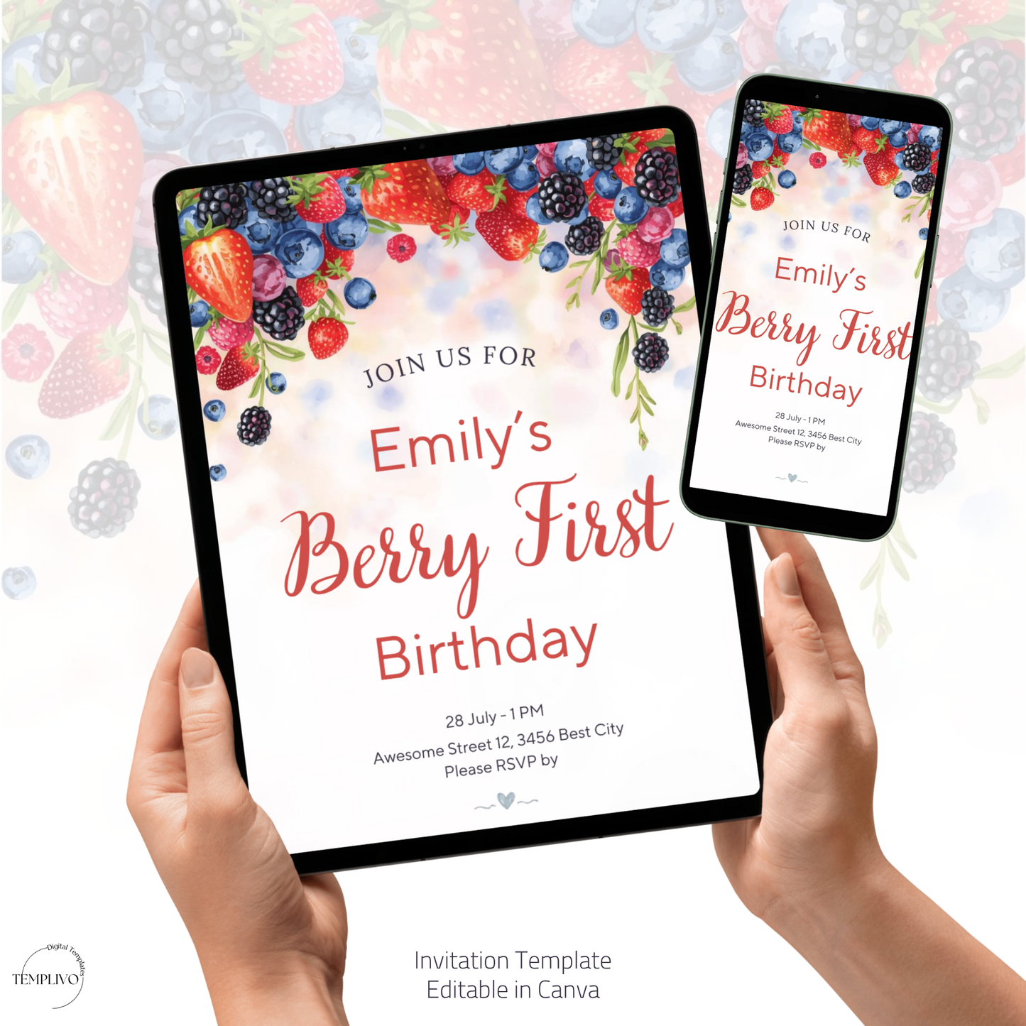 Berry First Birthday invitation, Canva invitation, canva template, birthday girl evite, Berry Birthday Invite, First Birthday Invite, Strawberry Party, Editable Canva Template, Girl Birthday Template, Berry First Birthday, Party Invite Template, Strawberry Invitation, 1st birthday girl, girl first birthday, birthday invitation, digital invitation, invitation templates, 1st birthday invite, strawberry birthday, 1st birthday party, berry 1st birthday, instant download