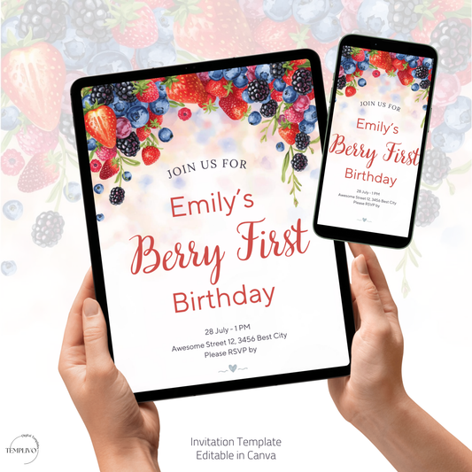 Berry First Birthday invitation, Canva invitation, canva template, birthday girl evite, Berry Birthday Invite, First Birthday Invite, Strawberry Party, Editable Canva Template, Girl Birthday Template, Berry First Birthday, Party Invite Template, Strawberry Invitation, 1st birthday girl, girl first birthday, birthday invitation, digital invitation, invitation templates, 1st birthday invite, strawberry birthday, 1st birthday party, berry 1st birthday, instant download