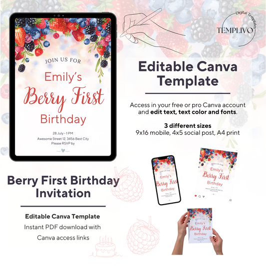 Berry First Birthday invitation, Canva invitation, canva template, birthday girl evite, Berry Birthday Invite, First Birthday Invite, Strawberry Party, Editable Canva Template, Girl Birthday Template, Berry First Birthday, Party Invite Template, Strawberry Invitation, 1st birthday girl, girl first birthday, birthday invitation, digital invitation, invitation templates, 1st birthday invite, strawberry birthday, 1st birthday party, berry 1st birthday, instant download