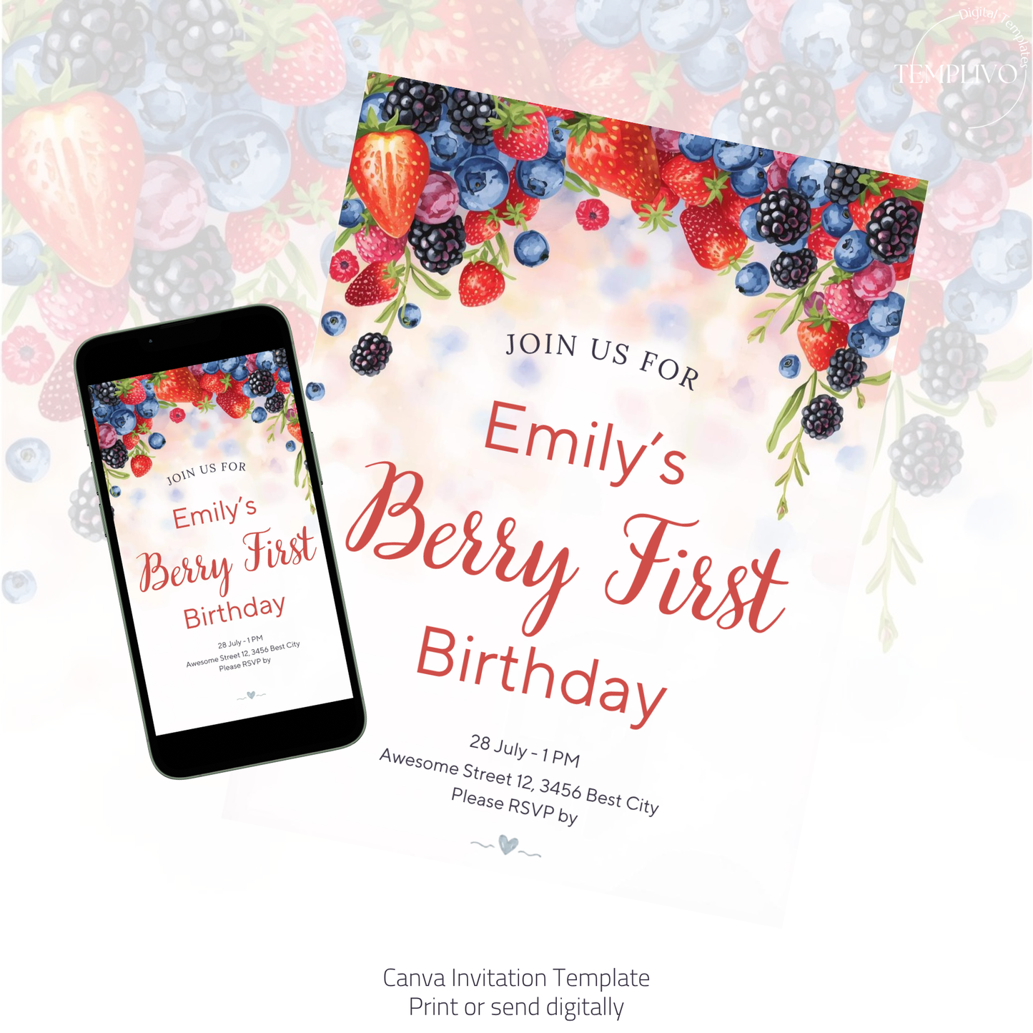 Berry First Birthday invitation, Canva invitation, canva template, birthday girl evite, Berry Birthday Invite, First Birthday Invite, Strawberry Party, Editable Canva Template, Girl Birthday Template, Berry First Birthday, Party Invite Template, Strawberry Invitation, 1st birthday girl, girl first birthday, birthday invitation, digital invitation, invitation templates, 1st birthday invite, strawberry birthday, 1st birthday party, berry 1st birthday, instant download