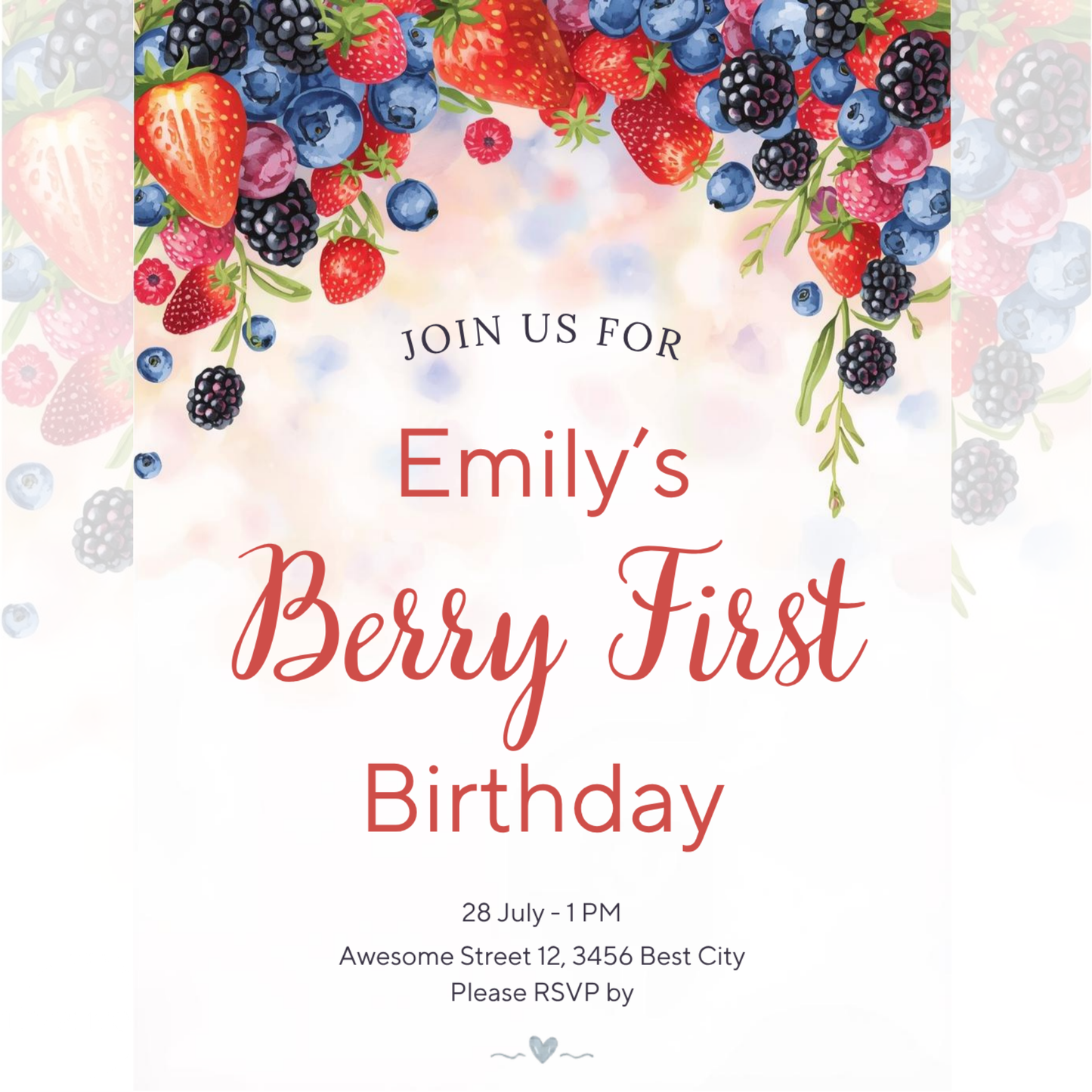 Berry First Birthday invitation, Canva invitation, canva template, birthday girl evite, Berry Birthday Invite, First Birthday Invite, Strawberry Party, Editable Canva Template, Girl Birthday Template, Berry First Birthday, Party Invite Template, Strawberry Invitation, 1st birthday girl, girl first birthday, birthday invitation, digital invitation, invitation templates, 1st birthday invite, strawberry birthday, 1st birthday party, berry 1st birthday, instant download
