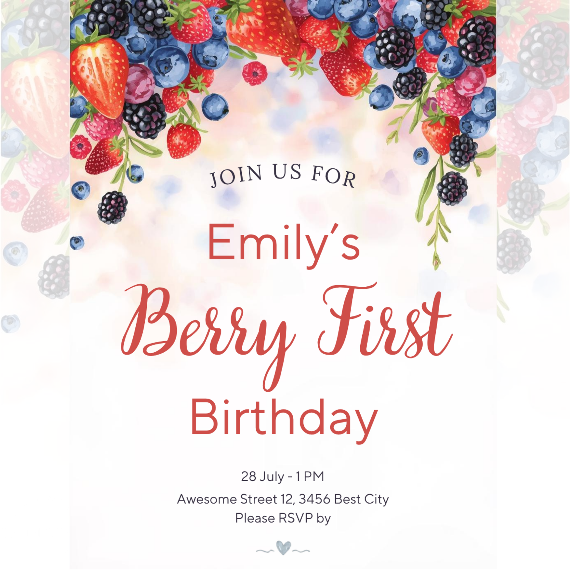 Berry First Birthday invitation, Canva invitation, canva template, birthday girl evite, Berry Birthday Invite, First Birthday Invite, Strawberry Party, Editable Canva Template, Girl Birthday Template, Berry First Birthday, Party Invite Template, Strawberry Invitation, 1st birthday girl, girl first birthday, birthday invitation, digital invitation, invitation templates, 1st birthday invite, strawberry birthday, 1st birthday party, berry 1st birthday, instant download