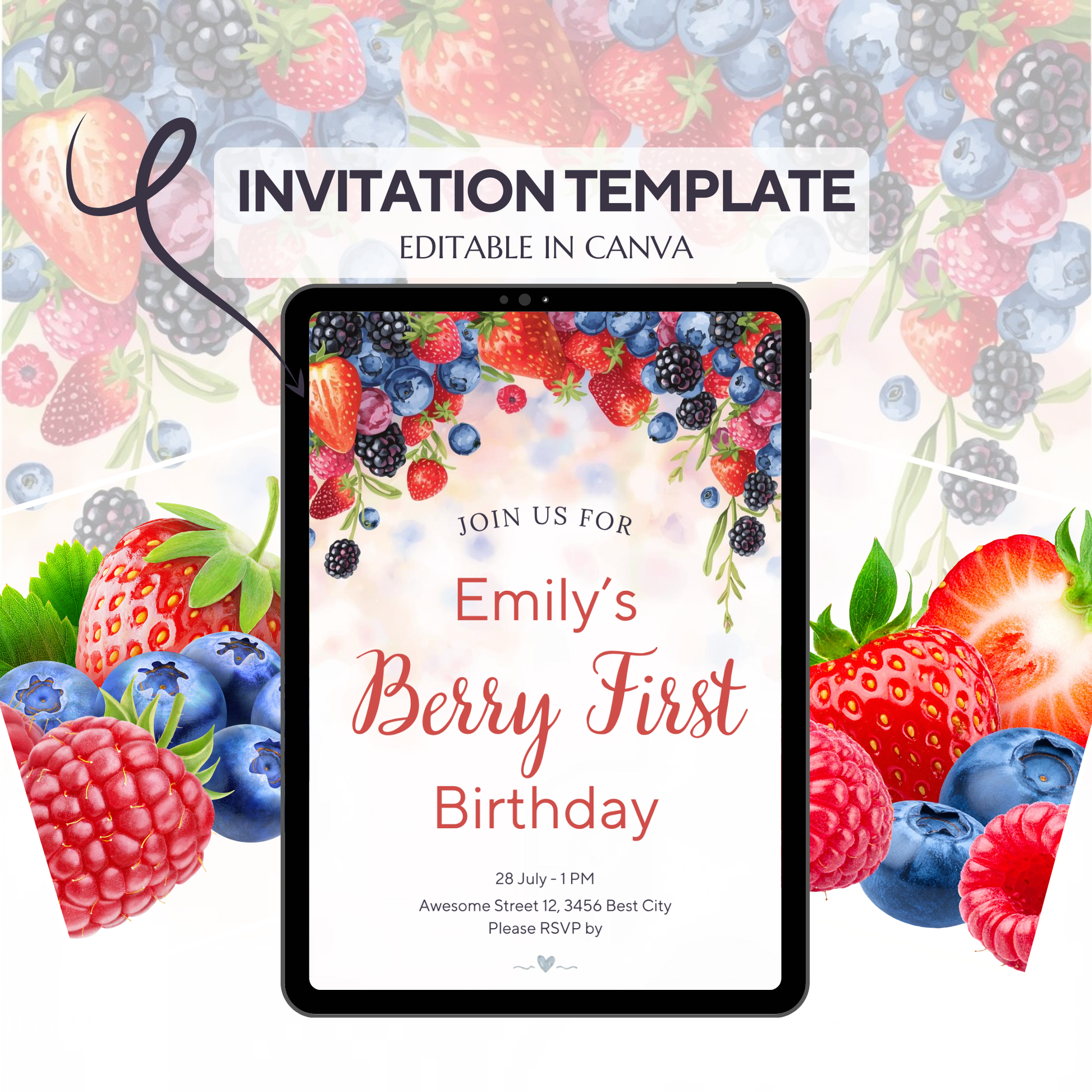 Berry First Birthday invitation, Canva invitation, canva template, birthday girl evite, Berry Birthday Invite, First Birthday Invite, Strawberry Party, Editable Canva Template, Girl Birthday Template, Berry First Birthday, Party Invite Template, Strawberry Invitation, 1st birthday girl, girl first birthday, birthday invitation, digital invitation, invitation templates, 1st birthday invite, strawberry birthday, 1st birthday party, berry 1st birthday, instant download