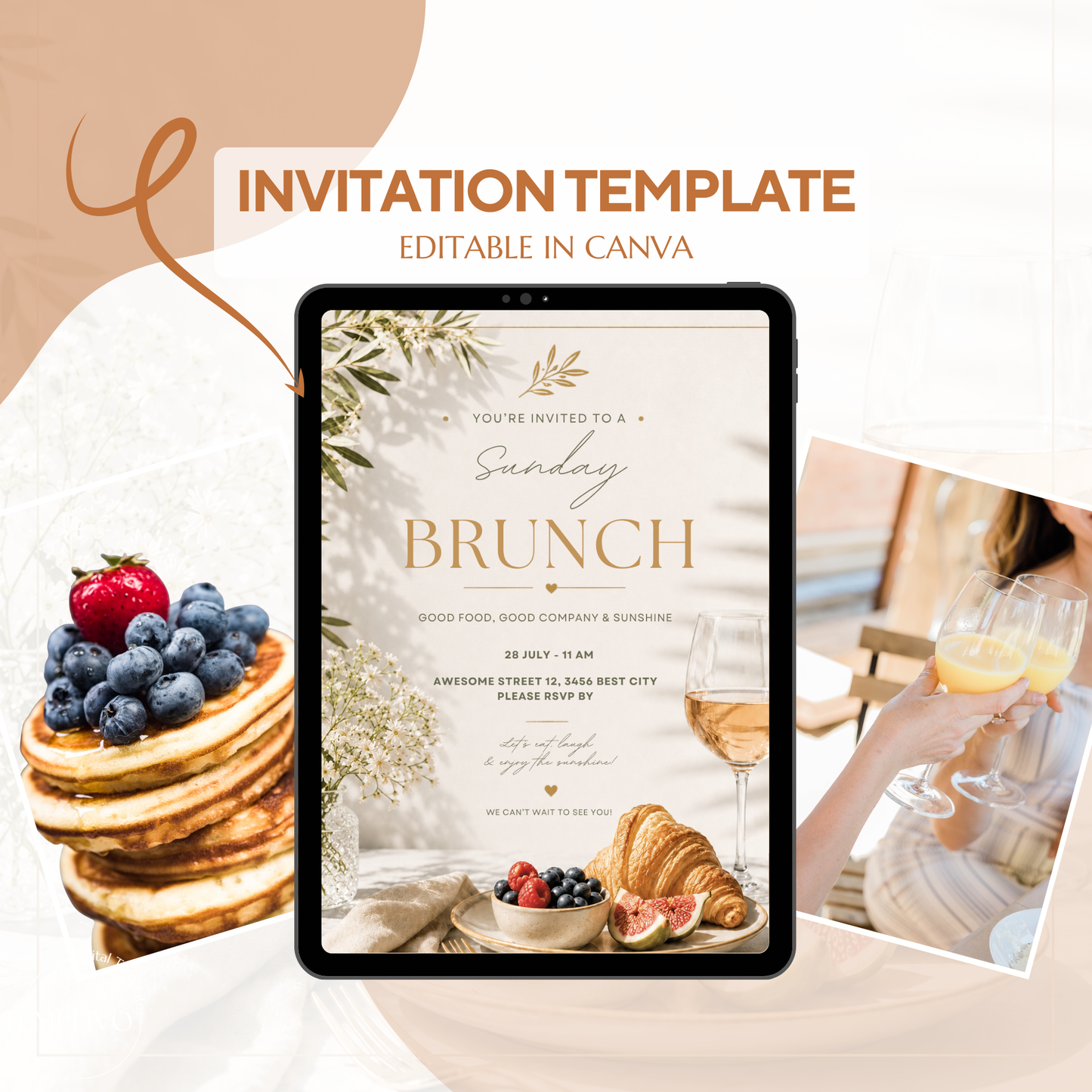Brunch Invitation, brunch invitation canva template, elegant brunch invite, croissant brunch invitation, champagne birthday invite, bridal shower invitation, baby shower invite canva, ladies brunch party invite, editable brunch template, digital brunch invitation, printable brunch invite, hen party invitation, birthday brunch invite, instant download invite, soft beige party invitation, canva party template, Brunch Einladung, editable printable invitation