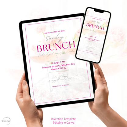 Brunch Invitation, brunch invitation canva template, elegant brunch invite, pink brunch invitation, champagne birthday invite, bridal shower invitation, baby shower invite canva, ladies brunch party invite, editable brunch template, digital brunch invitation, printable brunch invite, hen party invitation, birthday brunch invite, instant download invite, soft pink party invitation, canva party template, Brunch Einladung, editable printable invitation