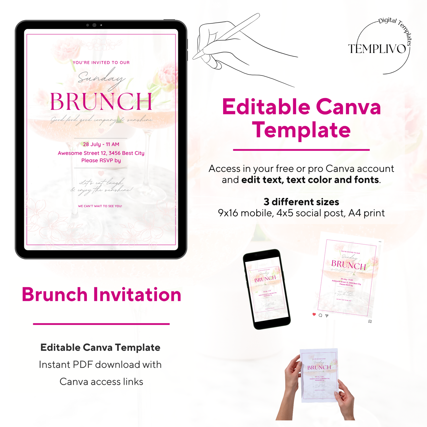 Brunch Invitation, brunch invitation canva template, elegant brunch invite, pink brunch invitation, champagne birthday invite, bridal shower invitation, baby shower invite canva, ladies brunch party invite, editable brunch template, digital brunch invitation, printable brunch invite, hen party invitation, birthday brunch invite, instant download invite, soft pink party invitation, canva party template, Brunch Einladung, editable printable invitation