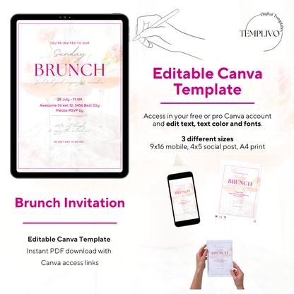 Brunch Invitation, brunch invitation canva template, elegant brunch invite, pink brunch invitation, champagne birthday invite, bridal shower invitation, baby shower invite canva, ladies brunch party invite, editable brunch template, digital brunch invitation, printable brunch invite, hen party invitation, birthday brunch invite, instant download invite, soft pink party invitation, canva party template, Brunch Einladung, editable printable invitation